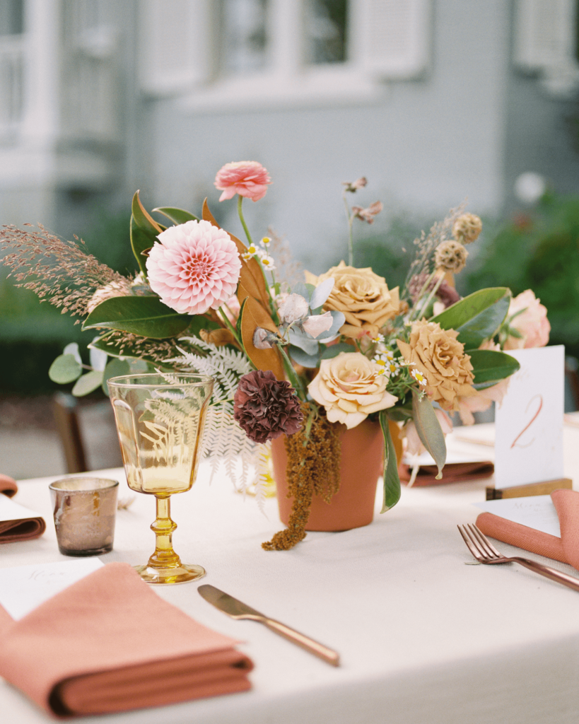 Corrie-and-Kevins-Fall-McAlister-Leftwich-House-Wedding-Kelsey-Nelson-Photography-Boho Flower Arrangement