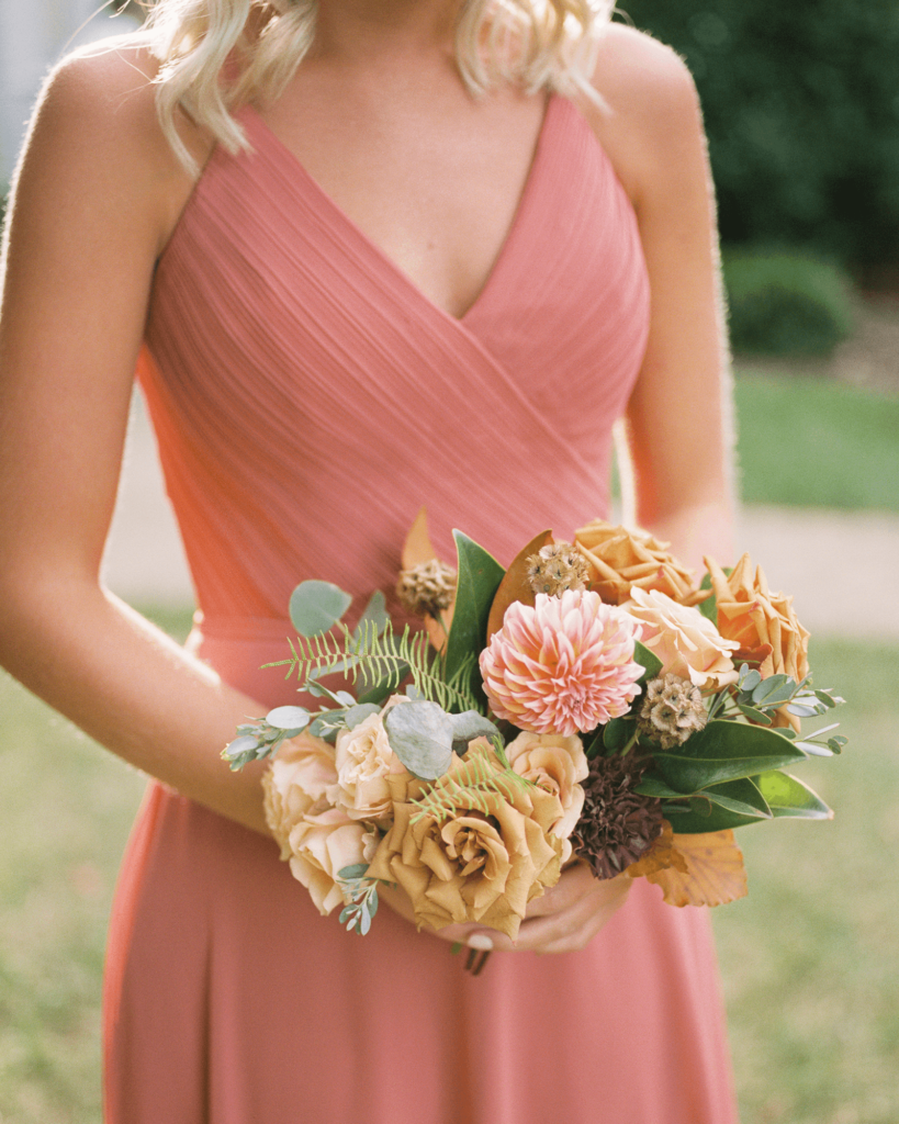 Corrie-and-Kevins-Fall-McAlister-Leftwich-House-Wedding-Kelsey-Nelson-Photography-Bridesmaid Holding Bouquet